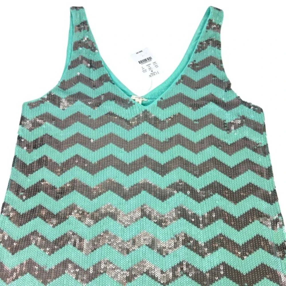 NEW J. CREW Aqua Silver‎ Chevron SEQUIN Zig Zag Cotton Tank Top Small
